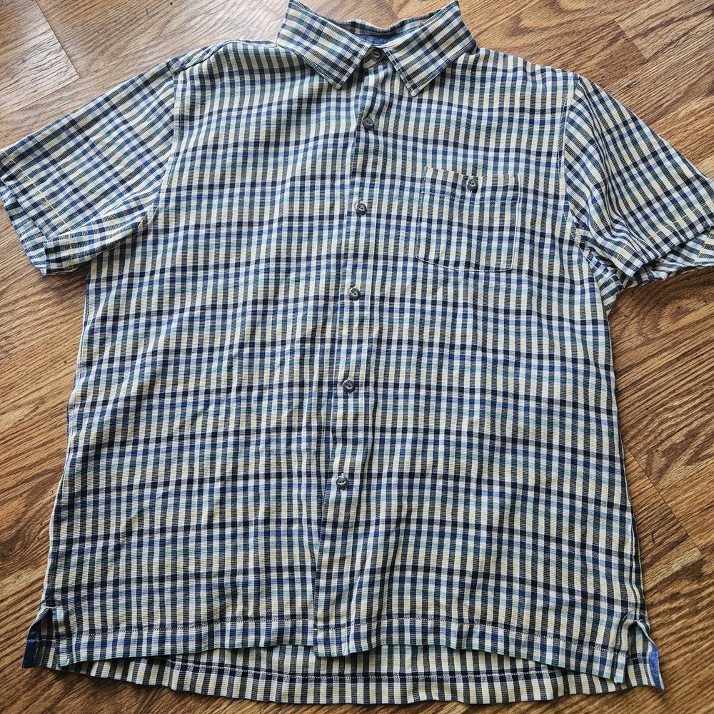 Tommy Bahama Silk Button Up Shirt XL Blue Plaid Short Sleeve Mens White Yellow